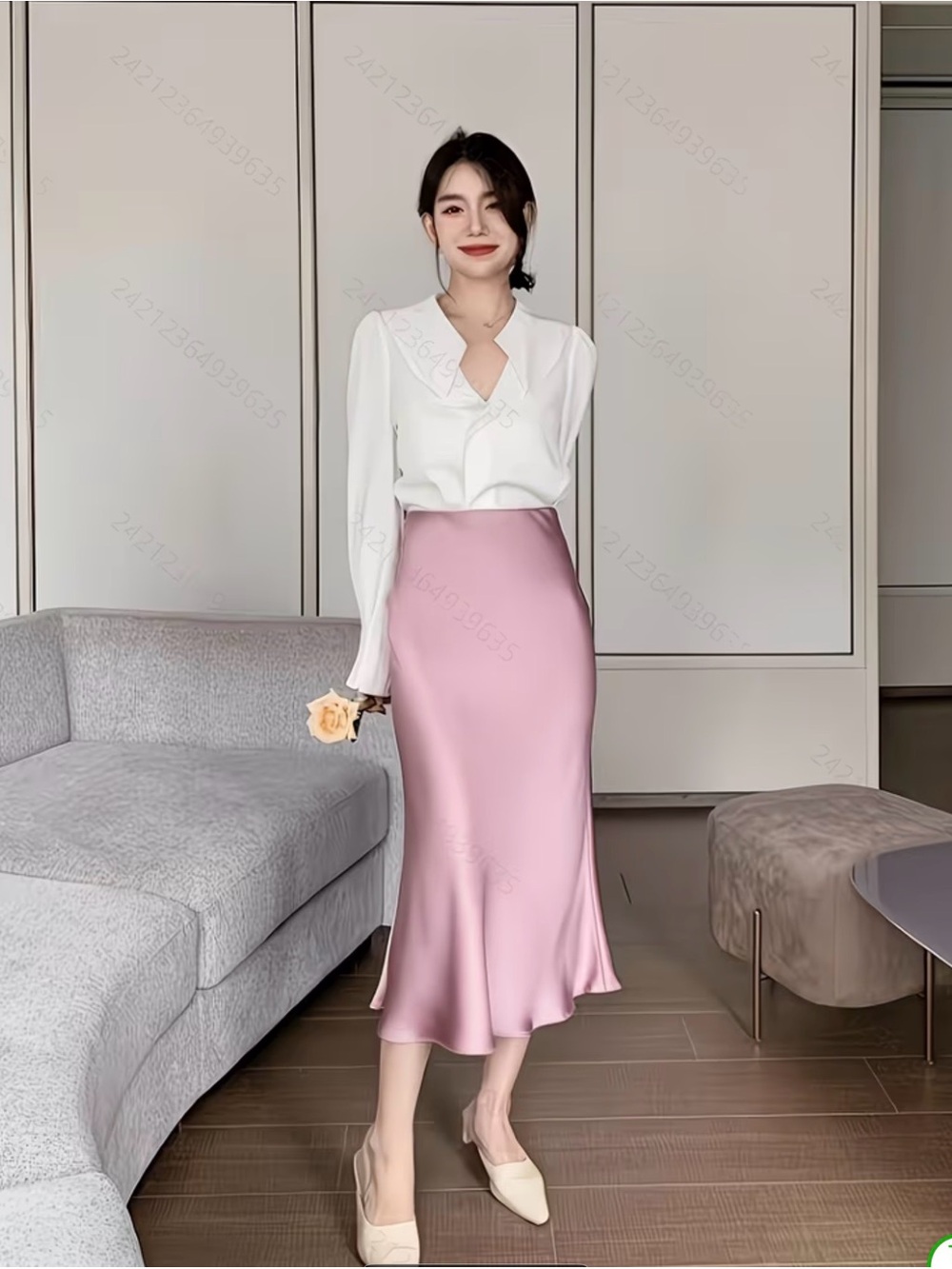 Elegant Pink Satin High-Waisted Midi Slip Skirt